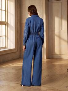 Selenza Women's Embroidered Zip-Up Casual Versatile Long Sleeve Denim Jumpsuit - Blue - View 2