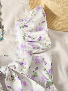 SHEIN Gaun Anak Perempuan Remaja Elegan dengan Hiasan Pita dan Rumbai Motif Bunga, Gaun Remaja Perempuan dengan Pita di Belakang, Gaun Musim Semi untuk Anak Perempuan dengan Lengan Bergelombang - Mauve Purple - View 6