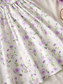 SHEIN Gaun Anak Perempuan Remaja Elegan dengan Hiasan Pita dan Rumbai Motif Bunga, Gaun Remaja Perempuan dengan Pita di Belakang, Gaun Musim Semi untuk Anak Perempuan dengan Lengan Bergelombang - Mauve Purple - View 7