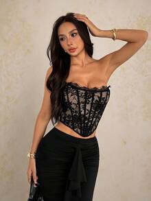 SHEIN PETITE 夏季海滩度假纯色蕾丝抹胸上衣，适合日常约会、夜间外出、夜店、派对、聚会、鸡尾酒会、泳池派对、返校季、学期、假期、办公室通勤等场合，女士夏季情人节束身衣。 - 黑色 - 查看 6