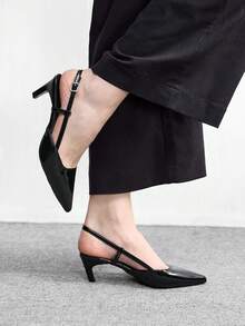 CUCCOO BIZCHIC Women Shoes Spring And Autumn New Pointed Middle Heel Black Back Strap Empty Women's High Heel Single Shoes Empty Single Shoes Simple Commuter Daily Versatile Work Women's Shoes - Black - View 3