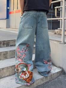 ROMWE MEN Jeans casuales anchos y sueltos con bolsillo bordado con tigre y flores para hombre - Azul - Ver 2