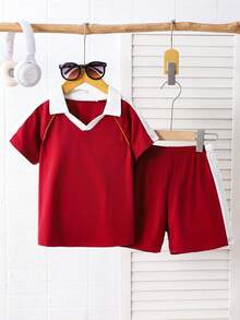 SHEIN Explorewe Young Girl Summer Casual Contrast Color Polo Collar Short Sleeve T-Shirt And Shorts Set - Burgundy - View 4
