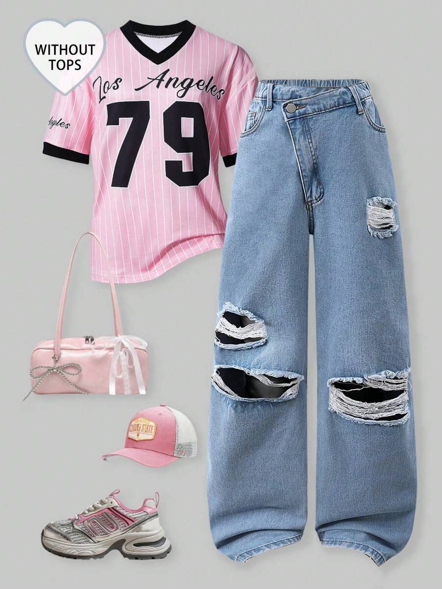 SHEIN ChillGRL 少女牛仔裤,Y2K 复古风,休闲舒适,不对称腰线设计,宽松版型,适合春、夏、秋、冬四季穿着,户外、日常、上学、通勤、派对、返校季等场合,新款上市 - 淺色水洗藍 - 查看 1