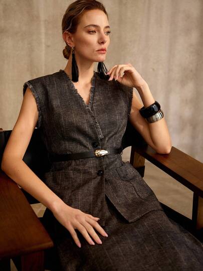 MOTF PREMIUM SPRING LINEN WAISTCOAT WITH BELT, VINTAGE STYLE