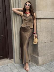 Solivie 女士优雅缎面背心半裙套装，适合春夏通勤、外出、聚会、度假等场合 - 咖啡棕 - 查看 7