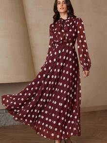 Aveloria Rosie French Romantic Ruffled Collar Polka Dot Waist Dress With Pleated Long Sleeve, Random Print - Red - View 5