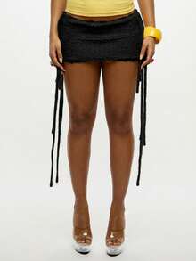 SUMWON Minifalda de punto texturizado con flecos laterales, falda de suéter ajustada en negro para tallas grandes - Negro - Ver 1
