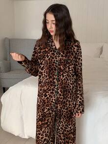 DAZY Tween Girl Leopard Print Long Sleeve Top And Pants Pajama Set - Brown - View 5