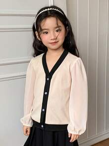 DAZY Young Girl Contrast Color V-Neck Lantern Sleeve Single-Breasted Casual Shirt - Apricot - View 6