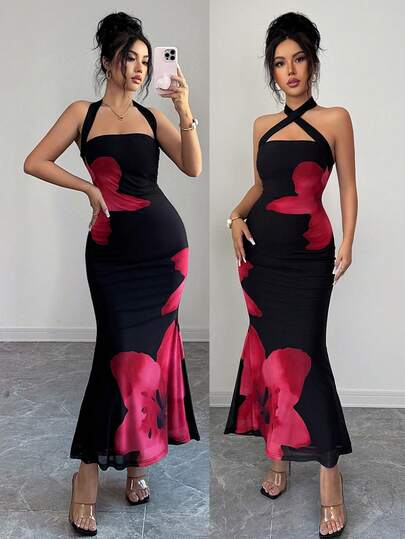 SHEIN Raffinéa Women's Red Romantic Print Summer Halter Tie Waist Slim Fit Printed Mid-Length Dress,Elegant Sexy Party Dress,Sexy Party Dress, Club Dress, New Spring/Summer Dress, Valentine's Day Date Dress, Birthday Dress, Pool Party Dress, Prom Dress, Concert Dress,Bodycon Dress,Casual Dress For Women ,Holiday Dress,Holiday Oufits For Women,Summer Holiday Oufits, Floral Dress, Stretch Mesh Fish Tail Hem Long Dress