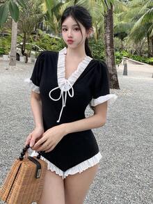 DAZY 女士拼色前系带防晒衣，简约休闲，适合夏季海滩度假 - 黑色 - 查看 5