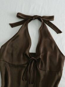 夏季新款露背褶皱腰带性感休闲度假女式吊带背心 - 棕色 - 查看 5
