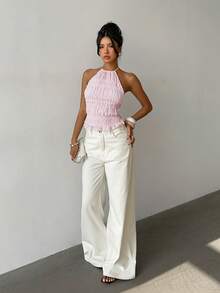 Aloruh Sexy & Elegant Light Pink Halter Backless Tie Strap Women Tank Top - Baby Pink - View 7