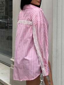 INAWLY Women's Pink Striped Casual Loose Fit Button-Down Shirt With Ruffle Collar, Suitable For Office Or Vacation, Spring/Summer - Pink - View 5