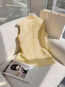 Franclia 女士芥末黄背心外套，立领优雅魅力商务通勤装 - 黃色 - 查看 2