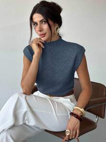 Firerie Elegant High Neck Loose Casual Versatile Sleeveless Knit Sweater Vest Going Out Tops Women,Tops For School In Fall/Winter - Blue - View 3