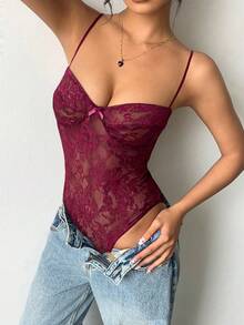 Aloruh Camisola transparente de renda sexy com laço decorativo em cor sólida - Borgonha - Ver 4