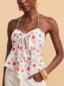 Travachic Women's Beach Vacation Knotted Front Seashell & Starfish Print Halter Top - Apricot - View 5