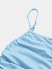 SHEIN Tween Girl Casual Elegant Ruched Fitted Solid Color Camisole Knit Mini Dress, Suitable For Home, Outing, Party - Baby Blue - View 4