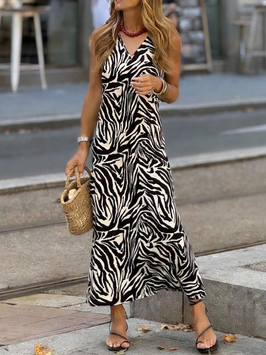 Solivie 女士长款斑马纹连衣裙，优雅百搭，适合度假、外出、派对等场合，是夏季的理想之选。 - 米色 - 查看 1