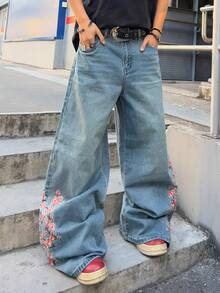 ROMWE MEN Jeans casuales anchos y sueltos con bolsillo bordado con tigre y flores para hombre - Azul - Ver 4