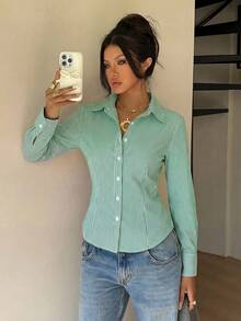 SHEIN EZwear 女士秋季新款粉色条纹系腰修身长袖衬衫 - 綠色 - 查看 6