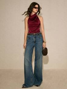 Poéselle Women's Solid Color Turtleneck Halter Top - Rose Red - View 5