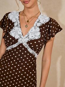 Poéselle 女士休闲波点撞色蕾丝夏季连衣裙 - 棕色 - 查看 4