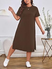 SHEIN Essnce Plus Size Women's Casual Everyday Commute Simple Solid Color Short Sleeve Loose Dress, Summer Dresses - Brown - View 3