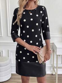 Ellevyn Women's Polka Dot Print Round Neck Fitted Elegant Mini Dress - Black - View 6