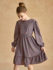 Tween Girl Plaid Dress,White And Blue,Autumn,Cute,School,Back-To-School,Elegant Cinched Waist Long Sleeve,Lightweight Casual Countryside Style Dress - Mocha Brown - View 5