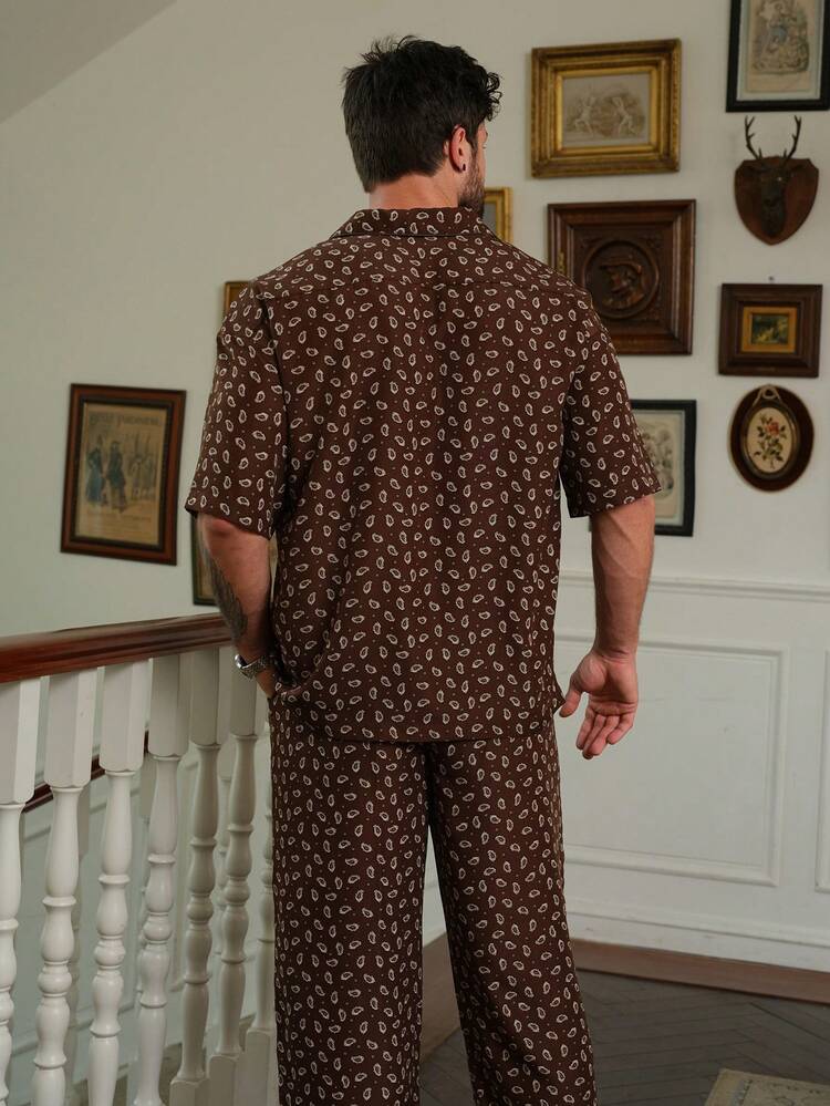 Men's Floral Print Short Sleeve Shirt And Pants Pajama Set, Spring/Summer