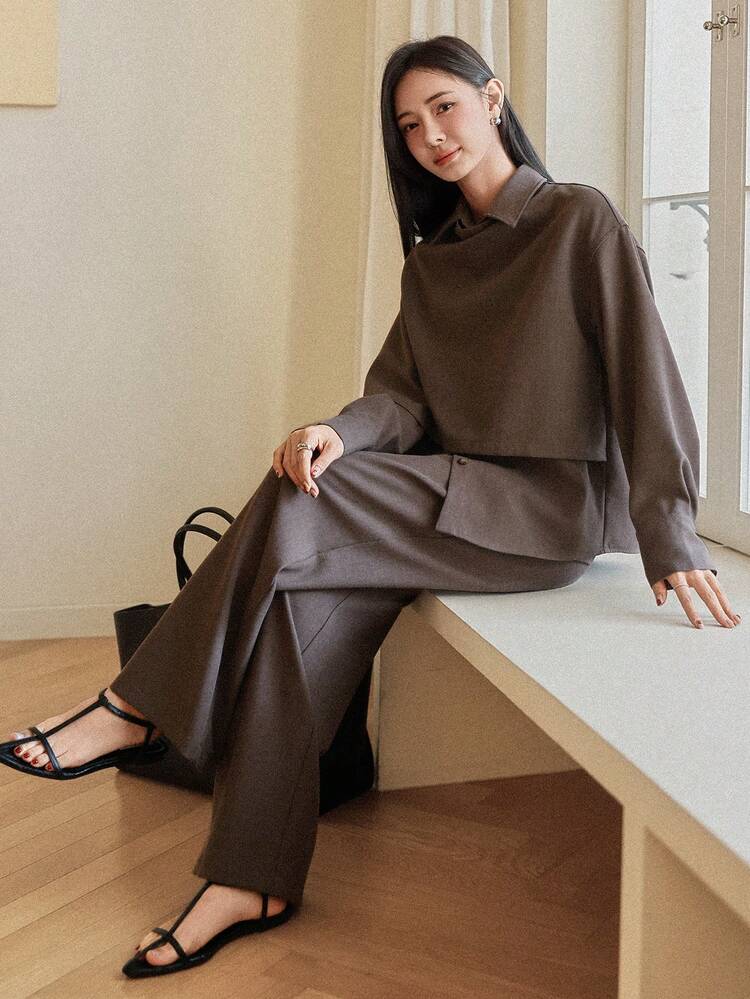 Spring & Summer Slim Fit Casual Commuter Professional Outfit, Cropped Top And Straight Leg Pants Set, Elegant Commuter Old Money Style For Women Business Casual Woman
