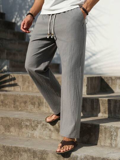 VENTUSAIL Men's Cotton Drawstring Waist Slant Pocket 3/4 Pants, Slim Fit Linen Capri Trousers