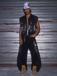 AXEPEAK Men's Rhinestone Embellished Single-Breasted Casual Shirt - Black - View 5