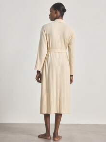 Ocili Women's Striped Fleece Soft Loungewear Robe - Apricot - View 3