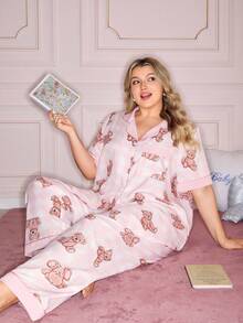 Slumberry CURVE Cute Ins Bear Plaid Print Contrast Color Lapel Button Front Short Sleeve Comfortable Loose Casual Woven Pajama Set, Plus Size - Pink - View 4