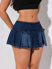 SHEIN ICON Rok celana denim kasual lipit patchwork dengan desain gesper untuk wanita. - Biru - View 4