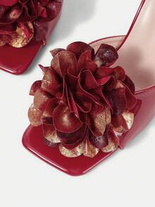 CUCCOO HITCHD 女士方头细高跟套脚花卉装饰穆勒凉鞋，性感时尚派对、夜店礼服鞋 - 酒紅色 - 查看 5