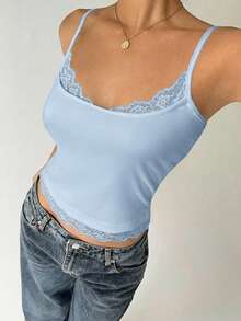 Aloruh Solid Color Lace Patchwork Slim Fit Casual Camisole Top For Summer - Baby Blue - View 4