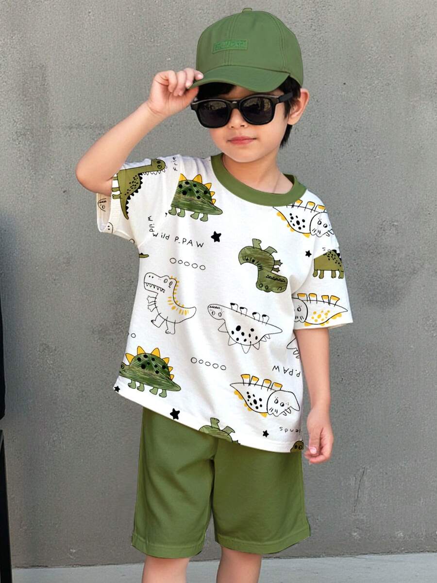 SHEIN 2pcs Young Boy Casual T-Shirt Set, Suitable For Spring/Summer, Classic Cute Dinosaur Graphic Print, Volcano Graphic Print - Multicolor - View 1