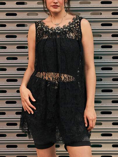 Freevana Plus Size Women Floral Lace Crew Neck Sleeveless Top Lace Top, Sexy, Semi-Sheer, Loose Fit, Perfect For Gathering, Street Style, Back-To-School, Bohemian, Country, Fashionable, Business Casual, Delicate, Brunch, Valentine's Day, Birthday Gift, Runway Inspired. Vacation