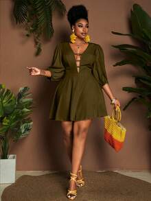 Maweii 大码女式性感沙滩度假风简约纯色镂空深V领灯笼袖收腰连体衣 - 軍綠色 - 查看 3