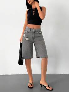 SHEIN 高腰灰色及膝牛仔女式短裤 - 灰色 - 查看 4