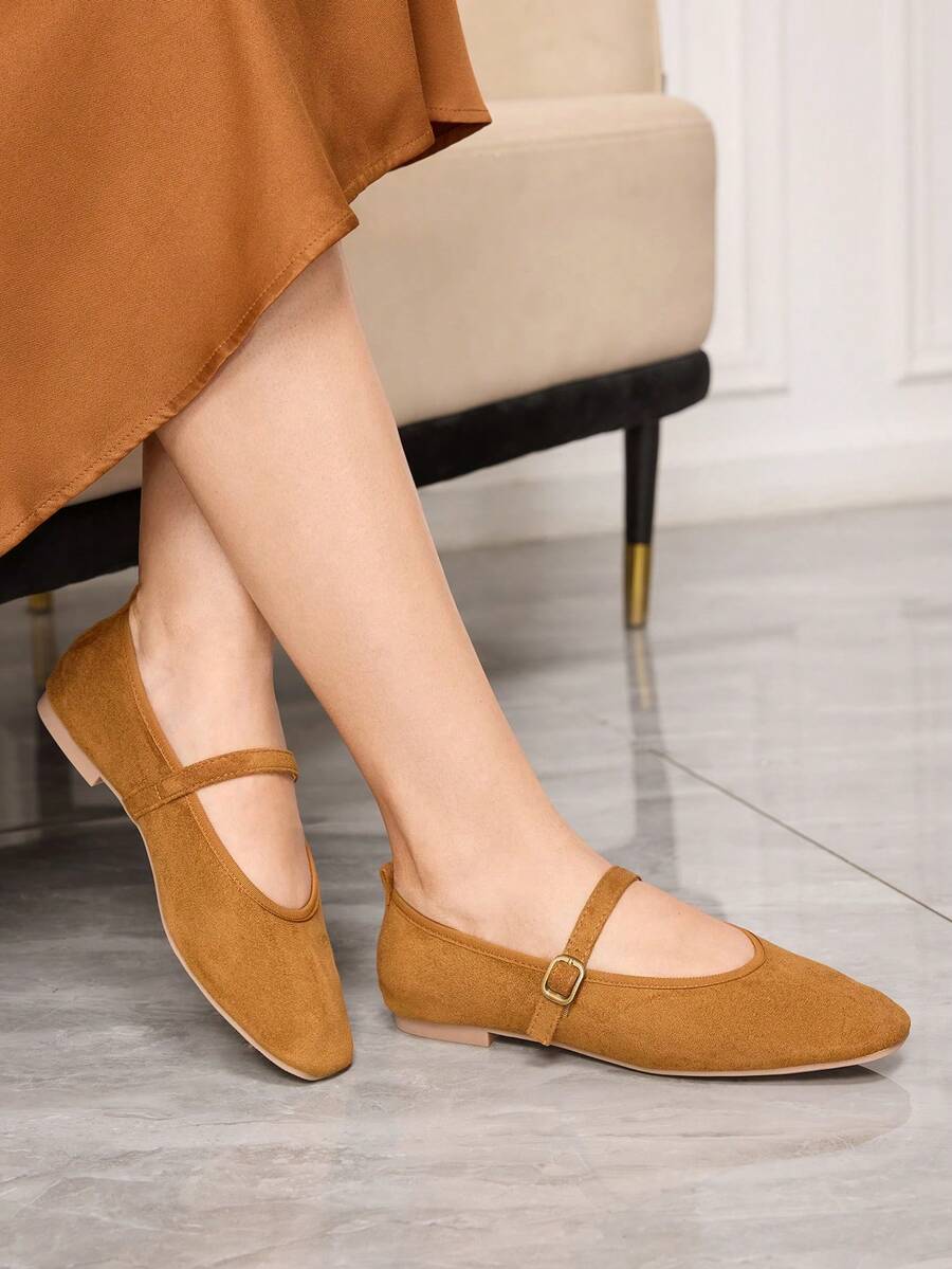 Sleekvia Women's Fashion Round Toe Brown Buckle Strap Flat Shoes, Comfortable For Daily Commute, Party, Shopping, Vacation - Brown - View 1