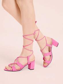 CUCCOO DOLLMOD Women's Simple Round Toe Thick Heel High Heel Sandals - Pink - View 5