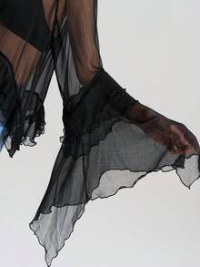 Ontre 2025新款黑色半透明宽松褶皱优雅雪纺圆领长袖荷叶边下摆上衣，百搭日常/海滩/度假装，波西米亚风格 - 黑色 - 查看 6
