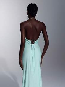 Elitara 优雅奢华的土耳其蓝弹力针织珍珠链露背吊带美人鱼伴娘礼服 - 水鴨藍 - 查看 7