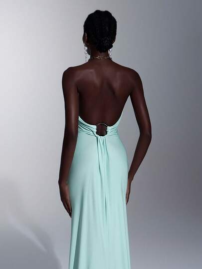 Elitara Elegant, Simple, And Stylish, This Light Blue Stretch Knit Dress Features An Asymmetrical Chain Embellishment, A Halter Neck, A Low Back, And A Mermaid Silhouette. Perfect For Weddings, Bachelor/Bachelor Parties, Vacations, Proms, Dinners, And Bridesmaid Dresses.